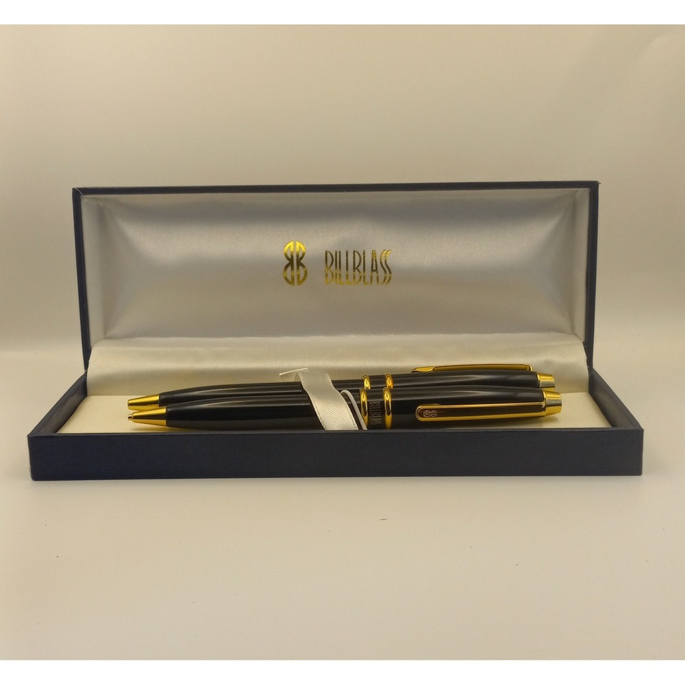 Bill Blass Pen and Pencil Set Black Gold Tone Vintage Writing Set 221-2 with Box